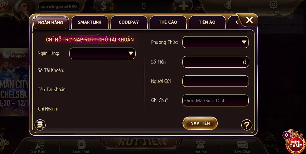 Nạp tiền SUNWIN siêu nhanh qua ngân hàng.