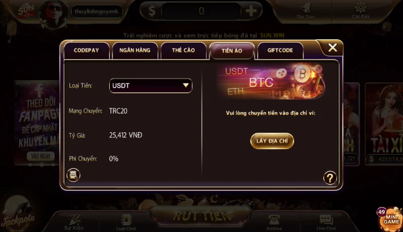 Nạp tiền SUNWIN bằng tiền ảo.
